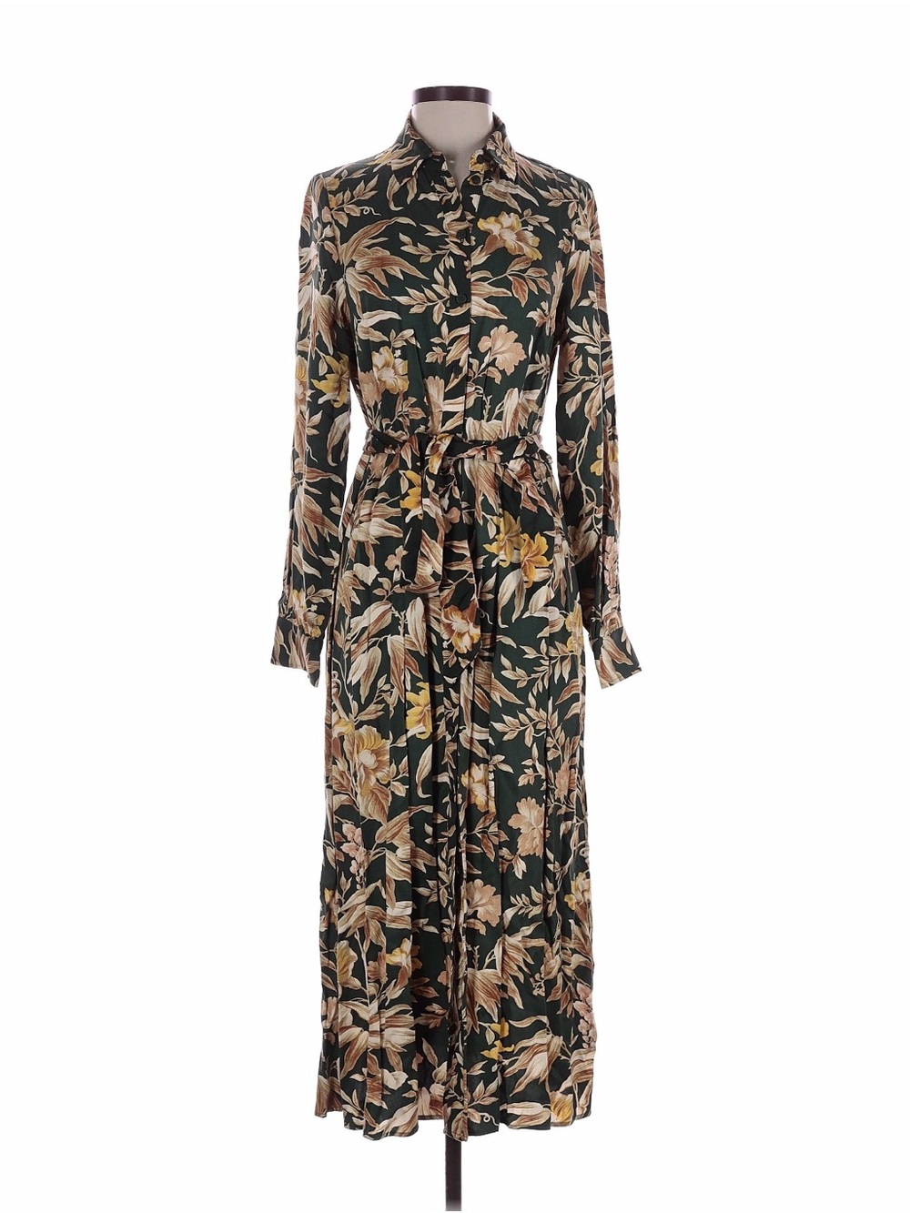 H&M Dark Green Floral Button-Front Maxi Dress with Tie Waist